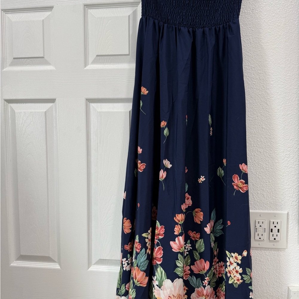 Navy Floral Maxi Dress with Smocked Bodice